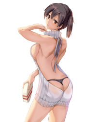 Rule 34 | 10s, 1girl, alternate costume, armadillo-tokage, ass, backless dress, backless outfit, bad id, bad pixiv id, bare back, black panties, breasts, brown hair, butt crack, cowboy shot, dress, halterneck, kaga (kancolle), kantai collection, looking back, meme attire, no bra, panties, ribbed sweater, side ponytail, sideboob, solo, sweater, sweater dress, thong, turtleneck, turtleneck sweater, underwear, virgin killer sweater, whale tail (clothing)