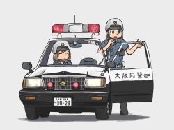 Rule 34 | 2girls, blue shirt, car, grey background, grey hair, helmet, highres, holding, holding microphone, looking to the side, medium hair, microphone, motor vehicle, multiple girls, ni tsuma, nissan, nissan cedric, open door, open mouth, original, police, police car, shirt, simple background, standing, steering wheel, wire