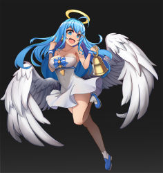 Rule 34 | 1girl, :d, ahoge, alternate breast size, angel wings, bare shoulders, bell, bell earrings, bellringer angel, blue footwear, blue hair, covered navel, dress, earrings, fang, full body, hair ornament, hairclip, halo, highres, holding, holding bell, jewelry, long hair, middle finger, open mouth, shadowverse, skin fang, smile, solo, standing, standing on one leg, white dress, white wings, wings, wristband, yakumoyuka