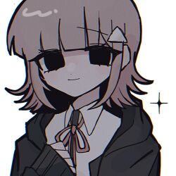 Rule 34 | 1girl, alternate hair ornament, black jacket, blunt bangs, closed mouth, collared shirt, flipped hair, hand up, highres, jacket, long sleeves, medium hair, nanami chiaki, neck ribbon, open clothes, open jacket, pink ribbon, portrait, ribbon, shirt, simple background, smile, solo, sparkle, triangle hair ornament, two-tone shirt, u donburi, white shirt