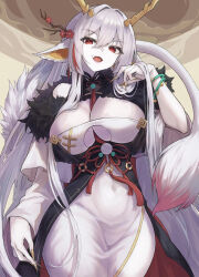 Rule 34 | 1girl, antlers, black coat, breasts, cleavage, cleavage cutout, clothing cutout, coat, colored skin, commentary request, covered navel, cowboy shot, dress, fang, fingernails, fur collar, furry, furry female, hair between eyes, hair branch, hair intakes, highres, horns, large breasts, long bangs, long hair, long sleeves, looking at viewer, mahjong soul, miimu (nelreg3), open mouth, red eyes, red ribbon, ribbon, sharp fingernails, smile, solo, tassel, white dragon (mahjong soul), white dress, white skin, yellow nails