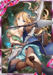 Rule 34 | 1girl, akkijin, archery, armpits, arrow (projectile), ass, blonde hair, blue cape, blue eyes, boots, bow (weapon), breasts, brown gloves, cape, card (medium), cleavage, drawing bow, elf, flying, gloves, hair ornament, holding bow (weapon), large breasts, official art, pointy ears, shinkai no valkyrie, soles, thighhighs, underwear, weapon
