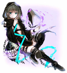 Rule 34 | 1boy, black footwear, book, boots, brown hair, cage, chain, closed mouth, crossdressing, floating, full body, green eyes, gretel (sinoalice), hair between eyes, hansel (sinoalice), highres, long sleeves, looking at viewer, short hair, simple background, sinoalice, smile, solo, thigh boots, thighhighs, towada-san (thank39), trap, white background