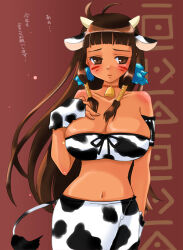 Rule 34 | 1girl, animal ears, animal print, antenna hair, bare shoulders, bell, black ribbon, blunt bangs, breasts, brown eyes, brown hair, cleavage, collarbone, cow ears, cow horns, cow print, cow tail, cowbell, dark-skinned female, dark skin, facial mark, gradient background, hand on own chest, hand up, horns, koshikawa guu, kusina, large breasts, mabinogi, navel, print skirt, print tube top, ribbon, skirt, solo, standing, strapless, tail, translation request, tube top, yellow horns