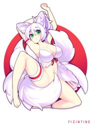 Rule 34 | 1girl, animal ear fluff, animal ears, armpits, arms up, artist name, babydoll, bare shoulders, barefoot, blush, bottomless, breasts, character request, cleavage, commission, female focus, fizintine, fox ears, fox tail, from above, full body, green eyes, highres, jpeg artifacts, knee up, large breasts, lingerie, looking at viewer, lying, multiple tails, navel, on back, parted lips, see-through, short hair, simple background, solo, tail, tail censor, teeth, two-tone background, underwear, watermark, white background, white hair