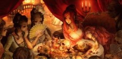 Rule 34 | 6+girls, alternate costume, breast rest, breasts, brown hair, cleavage, crystal ball, dragon&#039;s crown, dress, jewelry, kamitani george, large breasts, long hair, lying, medium breasts, multiple girls, official art, on side, ponytail, red hair, sitting, sorceress (dragon&#039;s crown), vanillaware