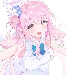 Rule 34 | 1girl, absurdres, armpits, blue archive, blush, breasts, dress, flower, hair bun, hair flower, hair ornament, halo, highres, large breasts, long hair, looking at viewer, mika (blue archive), open mouth, pink hair, pink halo, purple flower, seoji, simple background, single side bun, sleeveless, sleeveless dress, smile, solo, upper body, white background, white dress, yellow eyes