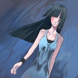 Rule 34 | armband, bare shoulders, black hair, blunt bangs, chien, collarbone, dress, dutch angle, hair over eyes, long hair, no eyes, rain, signature, smile, tears, wet, wind, wristband