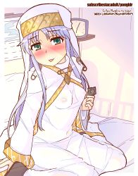 Rule 34 | 1girl, bed, blush, border, breasts, condom, condom wrapper, covered erect nipples, dress, green eyes, grey hair, hair ornament, index (toaru majutsu no index), long hair, nipples, nipples through clothes, no bra, no panties, nun, habit, pongldr, pov, robe, self-upload, simple background, small breasts, smile, solo focus, thighs, toaru majutsu no index, tongue, tongue out, white border