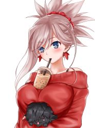 Rule 34 | 1girl, absurdres, alternate costume, animal, blue eyes, blush, blush stickers, bra strap, breasts, bright pupils, bubble tea, bubble tea challenge, commentary request, cup, disposable cup, dog, drinking straw, earrings, fate/grand order, fate (series), folded ponytail, hair between eyes, hair ornament, hair scrunchie, head tilt, highres, holding, holding animal, holding dog, jewelry, large breasts, leaf, leaf earrings, looking at viewer, maple leaf, meme, miyamoto musashi (fate), nagishy, object on breast, off shoulder, okada izou (dog) (fate), pink hair, pomeranian (dog), red scrunchie, red sweater, scrunchie, short hair, side ponytail, simple background, solo, sweater, upper body, white background