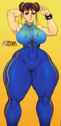 Rule 34 | 1girl, alternate costume, breasts, cameltoe, capcom, chun-li, cleft of venus, covered erect nipples, highres, jay-marvel, large breasts, solo, street fighter, thick thighs, thighs, wide hips
