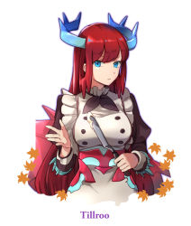 Rule 34 | 1girl, apron, autumn leaves, black dress, blue eyes, blue horns, breasts, character name, corset, dragon girl, dragon horns, dragon tail, dragonmaid (yu-gi-oh!), dress, duel monster, holding, horns, hsin, kitchen dragonmaid, large breasts, long hair, long sleeves, looking at viewer, maid, maid apron, parted lips, puffy long sleeves, puffy sleeves, red hair, solo, tail, very long hair, white apron, yu-gi-oh!