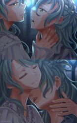 2girls bang_dream! blue_hair closed_eyes closed_mouth commentary fangs green_eyes hand_on_another&#039;s_neck highres hikawa_hina hikawa_sayo imminent_bite incest indoors long_sleeves looking_at_another multiple_girls open_mouth shirt siblings sisters sleeves_past_wrists symbol-only_commentary twincest twins vampire white_shirt xin_(blueramen) yuri