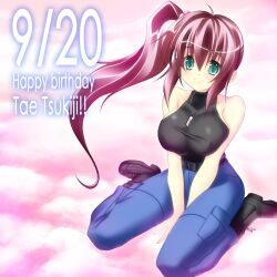 Rule 34 | 1girl, absurdres, aqua eyes, belt, black belt, black footwear, black shirt, blue pants, boots, bou (inubou), breasts, brown hair, cargo pants, character name, cloud, covered collarbone, dog tags, hair behind ear, halter shirt, halterneck, happy birthday, highres, large breasts, looking up, muv-luv, muv-luv altered fable, official art, pants, shirt, shirt tucked in, side ponytail, sitting, smile, solo, tsukiji tae, wariza