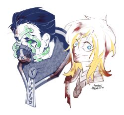 Rule 34 | 1boy, 1girl, armor, black hair, blonde hair, blood, blood in hair, blood on clothes, blue eyes, chainmail, faust (project moon), grin, hair slicked back, highres, homiu, limbus company, medium hair, meursault (project moon), missing eye, multicolored hair, parted lips, project moon, smile, streaked hair, talisman, wax seal, white hair