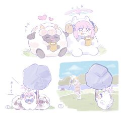 Rule 34 | +++, 1girl, 1other, animal costume, blue archive, eating, ekoru, fleeing, food request, grass, halo, highres, holding, holding weapon, lamball, mika (blue archive), multiple views, palworld, pink hair, pink halo, running, sheep, sheep costume, sitting, smile, translation request, tree stump, weapon
