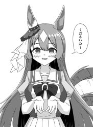 Rule 34 | 1girl, animal ears, begging, blush, breasts, collarbone, commentary request, greyscale, gryebooks, hair ornament, half updo, highres, horse ears, horse girl, large breasts, long hair, looking at viewer, monochrome, open mouth, satono diamond (umamusume), school uniform, simple background, solo, tracen school uniform, translated, umamusume