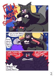 Rule 34 | 1boy, 1girl, @ @, black dress, breasts, bursting breasts, cleavage, comic, dress, english text, gensin, helmet, huge breasts, looking at viewer, monster girl, moon, size difference, skindentation, torn clothes, werewolf
