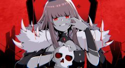 Rule 34 | 1girl, chain&#039;s, fang, highres, holding, holding skull, hololive, hololive english, king (vocaloid), looking at viewer, mori calliope, mouth pull, parody, red eyes, skull, solo, virtual youtuber, vocaloid