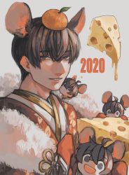 Rule 34 | 2020, 4boys, :d, absurdres, ahoge, animal ears, black eyes, black hair, cheese, closed eyes, commentary, fatalbug896, food, food on head, fruit, fruit on head, fur shawl, gold trim, hair between eyes, heart, highres, japanese clothes, kimono, kiss, kissing cheek, looking at viewer, male focus, mandarin orange, mouse boy, mouse ears, multiple boys, multiple persona, nichts (fatalbug896), object on head, on shoulder, open mouth, original, parted lips, red kimono, shawl, short hair, sleeves past fingers, sleeves past wrists, smile, upper body, wille (fatalbug896), yaoi