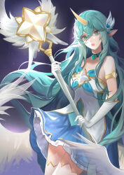 Rule 34 | 1girl, absurdres, bare shoulders, blue dress, breasts, choker, commentary request, dress, frilled dress, frills, gem, gloves, gradient background, green choker, green eyes, green hair, grey background, hair between eyes, hair ornament, highres, holding, holding staff, horns, large breasts, league of legends, long hair, parted lips, pointy ears, saikayo, single horn, solo, soraka (league of legends), staff, star (symbol), star guardian (league of legends), star guardian soraka, starry background, teeth, white dress, white gloves, wings