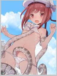 Rule 34 | 1girl, abyssal ship, areola slip, bikini, bikini pull, blue sky, blush, bow, brown eyes, brown hair, caburi aki, character name, clothes pull, clothes writing, cloud, contrapposto, covered erect nipples, cowboy shot, day, embarrassed, enemy naval mine (kancolle), flat chest, groin, hat, hat bow, highres, kantai collection, looking at viewer, navel, open mouth, outdoors, pulling another&#039;s clothes, pussy, sailor bikini, sailor collar, sailor hat, see-through, short hair, side-tie bikini bottom, sky, solo, standing, striped, striped bow, suggestive fluid, swimsuit, tentacles, tentacles under clothes, uncensored, water, water drop, wet, white bikini, white hat, z3 max schultz (kancolle)