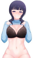 Rule 34 | 1girl, absurdres, asaka karin, black bra, blue eyes, blue hair, blue shirt, blunt bangs, blush, bottomless, bra, breasts, cleavage, clothes lift, dark blue hair, grin, hands up, highres, invisible chair, large breasts, lifting own clothes, long sleeves, looking at viewer, love live!, love live! nijigasaki high school idol club, medium hair, navel, out-of-frame censoring, shirt, shirt lift, simple background, sitting, smile, solo, stomach, teeth, turtleneck, underwear, white background, yisusjpl