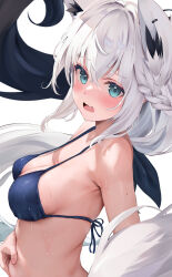 Rule 34 | 1girl, absurdres, alternate costume, animal ears, bare shoulders, belly grab, bikini, black bikini, blue eyes, blush, braid, breasts, cleavage, commentary request, fox ears, fox girl, from side, furrowed brow, highres, hololive, long hair, looking at viewer, looking to the side, medium breasts, open mouth, paid reward available, shirakami fubuki, simple background, single braid, solo, swimsuit, uechin ewokaku, upper body, virtual youtuber, wet, white background, white hair