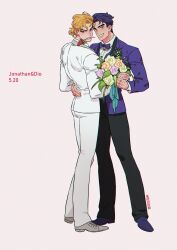 Rule 34 | 2boys, absurdres, black nails, black pants, blonde hair, blue eyes, blue hair, blush, bouquet, bow, bowtie, character name, commentary, couple, dated, dio brando, earrings, flower, flower in mouth, full body, grin, hand on another&#039;s waist, happy, highres, holding hands, honlo, husband and husband, jacket, jewelry, jojo no kimyou na bouken, jonathan joestar, long sleeves, looking at viewer, male focus, medium hair, mouth hold, multiple boys, pants, purple jacket, red eyes, red flower, red rose, ring, rose, shirt, shoes, short hair, smile, standing, wedding ring, white footwear, white jacket, white pants, white shirt, yaoi, yellow flower