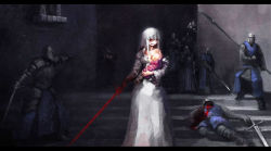 Rule 34 | 1girl, 6+others, armor, baby, bare shoulders, blood, blood on clothes, blunt bangs, breastfeeding, breastplate, death, dress, frills, full armor, helm, helmet, holding, holding baby, holding polearm, holding spear, holding sword, holding weapon, long sleeves, multiple others, original, outdoors, pauldrons, polearm, red eyes, sheepspear, shoulder armor, soldier, spear, stairs, standing, sword, vambraces, weapon, white dress, white hair, wide sleeves, window
