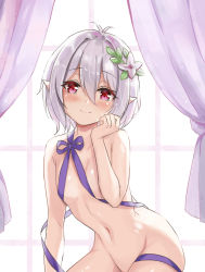 Rule 34 | 1girl, antenna hair, blush, breasts, closed mouth, commentary request, curtains, flower, hair between eyes, hair flower, hair ornament, kohana (princessxhana), kokkoro (princess connect!), looking at viewer, naked ribbon, navel, nude, pointy ears, princess connect!, princess connect!, purple ribbon, red eyes, ribbon, short hair, silver hair, small breasts, smile, solo, window