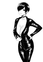Rule 34 | 1girl, black hair, blush, bodysuit, breasts, choker, cleavage, commentary, cowboy shot, earrings, english commentary, greyscale, hair over one eye, hand on own hip, highres, jewelry, large breasts, legs together, monochrome, no bra, norman maggot, olive laurentia, open bodysuit, open clothes, original, parted lips, pixie cut, self exposure, short hair, simple background, skin tight, solo, standing, stud earrings, unzipping, zipper pull tab