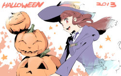 Rule 34 | 10s, 1girl, 2013, bad id, bad pixiv id, brown eyes, brown hair, halloween, hat, hood, hooded jacket, jack-o&#039;-lantern, jacket, kagari atsuko, little witch academia, long hair, rurouni187, smile, solo, witch, witch hat