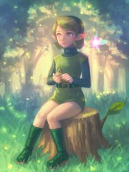 Rule 34 | 1girl, bellhenge, blue eyes, elf, fairy, flat chest, forest, green hair, hairband, headband, highres, instrument, md5 mismatch, nature, nintendo, ocarina, pointy ears, resized, resolution mismatch, saria (zelda), short hair, solo, source smaller, the legend of zelda, the legend of zelda: ocarina of time, upscaled