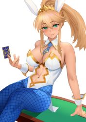 Rule 34 | 1girl, animal ears, artoria pendragon (all), artoria pendragon (fate), artoria pendragon (swimsuit ruler) (fate), bare shoulders, blue pantyhose, blush, breasts, clothing cutout, detached collar, fake animal ears, fate/grand order, fate (series), hair between eyes, highres, large breasts, leotard, long hair, looking at viewer, navel cutout, pantyhose, playboy bunny, ponytail, rabbit ears, sidelocks, smile, solo, white leotard, wrist cuffs, yamaneko (tkdrumsco)