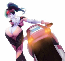 Rule 34 | 1girl, ass, backless outfit, bent over, bodysuit, butt crack, colored skin, from behind, head-mounted display, huan tuo, long hair, looking back, overwatch, overwatch 1, ponytail, purple hair, purple skin, solo, widowmaker (overwatch), yellow eyes