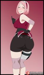 Rule 34 | 1girl, absurdres, artist name, ass, bare shoulders, bike shorts, blush, boruto: naruto next generations, breasts, cameltoe, cleft of venus, come hither, forehead jewel, from behind, glasses, gloves, green eyes, hairband, haruno sakura, headband, highres, huge ass, large breasts, lifted by self, looking at viewer, looking back, mature female, naruto (series), naughty face, pink hair, pouch, short hair, shorts, sleeveless, smile, studio oppai, sweat, thighhighs, thighs
