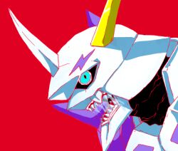 Rule 34 | armor, black skin, blue eyes, colored lineart, colored skin, digimon, digimon ghost game, horn ornament, horns, monochrome background, multiple horns, omegamon, open mouth, purple armor, red background, saliva, saliva trail, saliva, seevah, shadow, sharp teeth, simple background, teeth, white armor