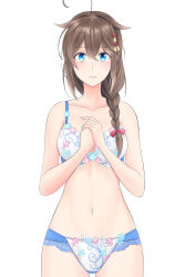 Rule 34 | 1girl, ahoge, blue eyes, bra, braid, breasts, brown hair, collarbone, commentary request, cowboy shot, floral print, hair flaps, hair ornament, hair over shoulder, hands on own chest, kantai collection, lace, lace-trimmed bra, lace-trimmed panties, lace trim, light blush, lingerie, long hair, looking at viewer, medium breasts, navel, panties, shigure (kancolle), shigure kai ni (kancolle), simple background, single braid, solo, takase asagiri, underwear, underwear only, white background, white bra, white panties
