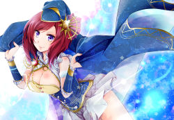 Rule 34 | 10s, 1girl, akatsuki hijiri, arm strap, armband, blue background, blush, breasts, cape, cleavage, clothes lift, constellation, constellation costume, corset, cowboy shot, dress, dress lift, frills, fur trim, hair ornament, hands up, hat, holding, holding cape, holding clothes, jewelry, large breasts, lens flare, looking at viewer, love live!, love live! school idol festival, love live! school idol project, nishikino maki, pleated dress, print headwear, purple eyes, red hair, smile, solo, sparkle, star (symbol), starry background, starry sky print, sun symbol