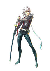 Rule 34 | 1boy, absurdres, belt, bodysuit, closed mouth, contrapposto, elbow gloves, full body, gloves, hair between eyes, high heels, highres, holding, holding sword, holding weapon, katana, legs apart, looking at viewer, male focus, mugen kouro, official art, ootachi, red eyes, ribbon, serious, sheath, sheathed, short hair, simple background, solo, standing, sword, takeyasu sawaki, turtleneck, weapon, white background, white hair, yuri (mugen kouro)