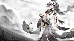 1girl absurdres bird black_claws black_hair breasts chinese_clothes dress fu_hua fu_hua_(crane_of_taixuan) fu_hua_(fenghuang_of_vicissitude) fu_hua_(garuda) grey_eyes grey_hair henjiwumei highres honkai_(series) honkai_impact_3rd long_hair mountainous_horizon multicolored_hair ponytail sky small_breasts solo thighs too_many too_many_birds two-tone_hair white_dress white_footwear white_sky