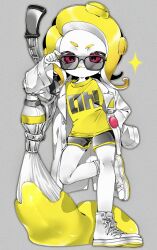 1girl :q adjusting_eyewear black-framed_eyewear black_shorts blonde_hair closed_mouth clothes_writing coat colored_skin colored_tongue commentary_request dolphin_shorts full_body grey_background hand_on_eyewear hand_on_own_hip highres inkbrush_(splatoon) inkling_(language) irokiiro lab_coat limited_palette long_sleeves medium_hair nintendo octoling octoling_girl octoling_player_character open_clothes open_coat parted_bangs pink_eyes shirt shoes shorts single_sleeve_past_fingers sneakers solo splatoon_(series) splatoon_2 standing standing_on_one_leg sunglasses t-shirt tentacle_hair tongue tongue_out white_coat white_footwear white_skin yellow_shirt yellow_tongue