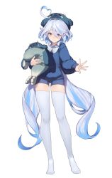 Rule 34 | 1girl, absurdres, ahoge, alternate costume, blue eyes, blue hair, closed mouth, ebibi chiriri, full body, furina (genshin impact), genshin impact, heterochromia, highres, holding, holding stuffed toy, light blue hair, long hair, long sleeves, looking at viewer, multicolored hair, no shoes, seal hat, sidelocks, simple background, smile, solo, standing, streaked hair, stuffed animal, stuffed toy, thighhighs, two-tone hair, white background, white thighhighs