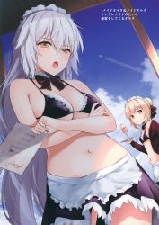 Rule 34 | 2girls, absurdres, ahoge, apron, artoria pendragon (alter swimsuit rider) (second ascension) (fate), bare shoulders, black jacket, blonde hair, blue sky, bow, bowtie, braid, breasts, brown eyes, cleavage, cloud, cloudy sky, crossed arms, cup, day, detached collar, drinking glass, fate/grand order, fate (series), fingernails, french braid, highres, holding, jacket, jeanne d&#039;arc (fate), jeanne d&#039;arc alter (avenger) (fate), jeanne d&#039;arc alter (fate), long hair, looking at viewer, maid, maid headdress, medium breasts, menu, miniskirt, multiple girls, outdoors, scan, skirt, sky, small breasts, tray, umakuchi shouyu, waist apron, white hair