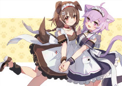 Rule 34 | 2girls, :3, :d, ahoge, alternate costume, animal ears, apron, black dress, black socks, blush, bone hair ornament, brown dress, brown eyes, brown footwear, brown hair, cartoon bone, cat ears, cat girl, cat tail, closed mouth, commentary request, dog ears, dog girl, dog tail, dress, enmaided, fang, feet out of frame, frilled dress, frills, hair between eyes, hair ornament, holding hands, hololive, inugami korone, kneehighs, maid, maid day, maid headdress, multiple girls, nail polish, nekomata okayu, open mouth, outstretched arm, purple eyes, purple hair, purple nails, shadowsinking, shoes, smile, socks, standing, standing on one leg, tail, virtual youtuber, white apron, wrist cuffs, yellow nails