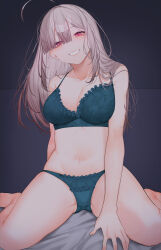 Rule 34 | 1girl, ahoge, blush, bra, breasts, frilled bra, frills, gomo, green bra, green panties, grey hair, hair over one eye, highres, lace, lace-trimmed bra, lace trim, large breasts, lingerie, long hair, looking at viewer, mole, mole under eye, navel, nijisanji, open mouth, panties, pink eyes, simple background, solo, sukoya kana, underwear, underwear only, virtual youtuber