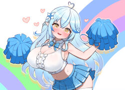 Rule 34 | 1girl, :d, ahoge, blue bow, blue bowtie, blue eyes, blue skirt, blush, bow, bowtie, breasts, brooch, cheerleader, cleavage, commentary request, flower, hair flower, hair ornament, heart, heart ahoge, highres, hololive, jewelry, kani bonara, large breasts, long hair, looking at viewer, microskirt, navel, open mouth, pleated skirt, pointy ears, pom pom (cheerleading), skirt, smile, solo, star brooch, stomach, thighhighs, virtual youtuber, white thighhighs, yellow eyes, yukihana lamy, zettai ryouiki