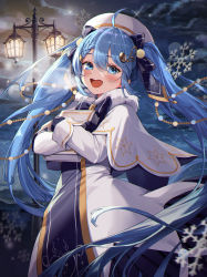 Rule 34 | 1girl, :d, absurdres, ahoge, beret, black gloves, black ribbon, blue hair, blue tabard, blush, book, bow, braid, braided bangs, capelet, commentary request, dress, fortissimo, fur-trimmed capelet, fur trim, gloves, hair ornament, hat, hatsune miku, highres, holding, holding book, hugging book, hugging object, kokko (kokko3045), light blue hair, long hair, long sleeves, looking at viewer, musical note, musical note hair ornament, night, open mouth, outdoors, revision, ribbon, smile, snowflake print, snowflakes, solo, tabard, teeth, treble clef, twintails, upper teeth only, very long hair, vocaloid, white capelet, white dress, white hat, yuki miku, yuki miku (2021)