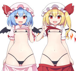 Rule 34 | 2girls, :d, bat wings, bikini, black bikini, blonde hair, blue hair, bow, breasts, cameltoe, cleft of venus, clothes lift, clothes pull, collared shirt, cowboy shot, crystal, fang, flandre scarlet, frilled shirt collar, frilled sleeves, frills, gluteal fold, hair between eyes, hat, hat ribbon, highleg, highleg bikini, lifting own clothes, looking at viewer, looking to the side, medium hair, micro bikini, mob cap, multiple girls, navel, one side up, open mouth, paid reward available, pink headwear, pink shirt, pink skirt, puffy short sleeves, puffy sleeves, red bow, red eyes, red ribbon, red skirt, red vest, remilia scarlet, ribbon, rizento, shirt, shirt lift, short sleeves, siblings, simple background, sisters, skirt, skirt pull, skirt set, small breasts, smile, string bikini, swimsuit, touhou, v, vest, white background, white headwear, white shirt, wings